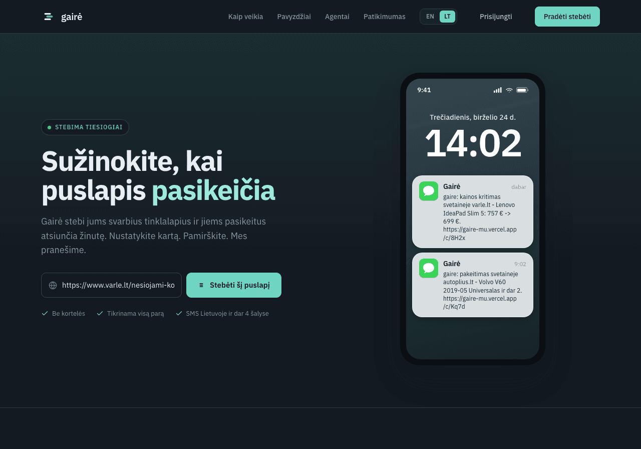 gaire.lt — website change alerts by SMS
